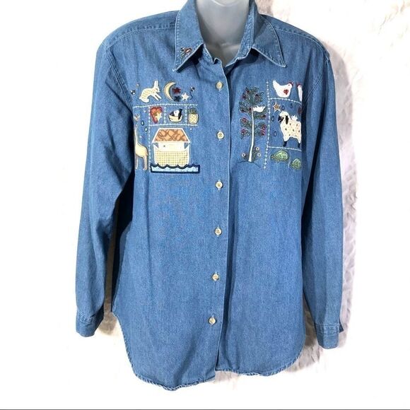 Chambray long sleeve shirt button up appliqué EUC cottagecore granny core farm - Picture 1 of 16